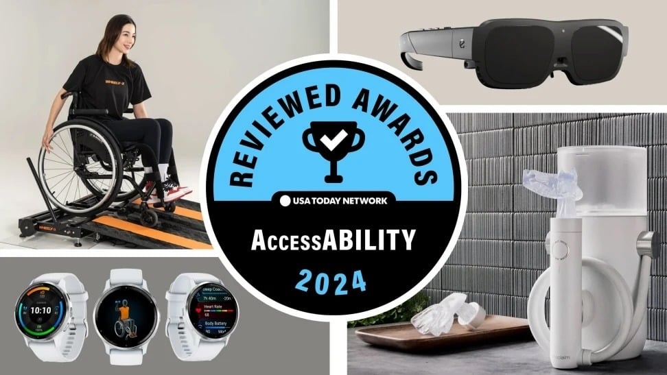 Rectangular image depicting a round award in the center with 4 accessibility devices pictured around the award.