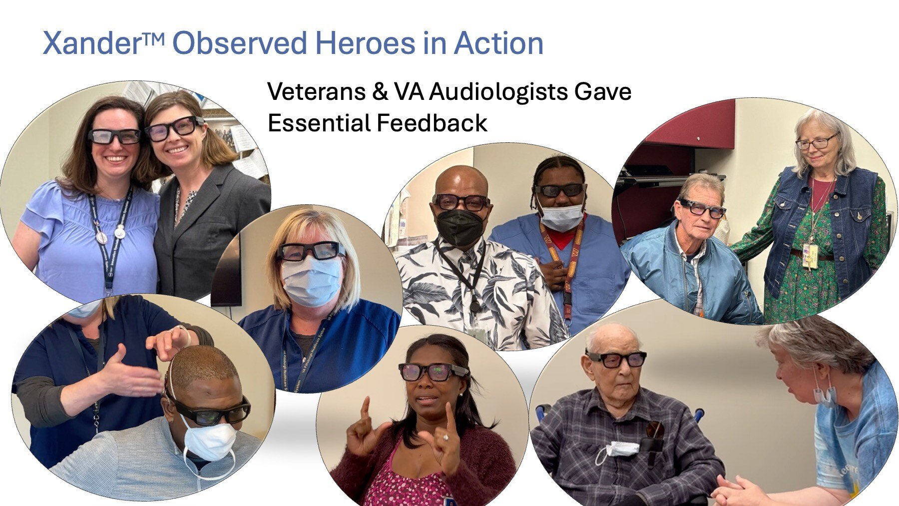 Image of 7 circular shapes containing photo headshots of doctors and patients all wearing smart glasses 