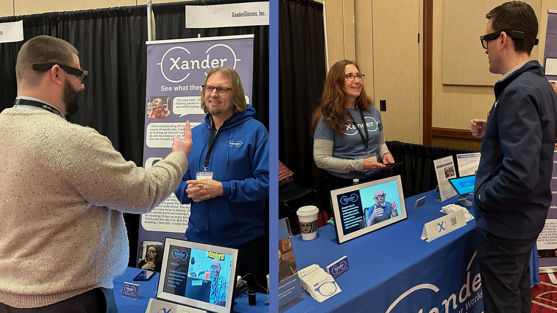 Split screen image. Left sides shows two men at an exhibit table, with one man facing the camera and the other man facing teh man. Image two shows a woman behind an exhibit table, talking to a man visiting the table.